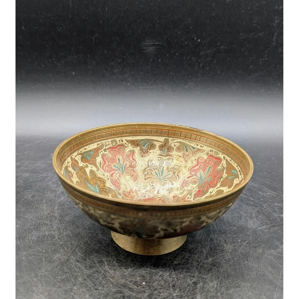 Vintage Hand Painted Brass Floral Bowl Footed Trinket Dish Red Turquoise Gold 3